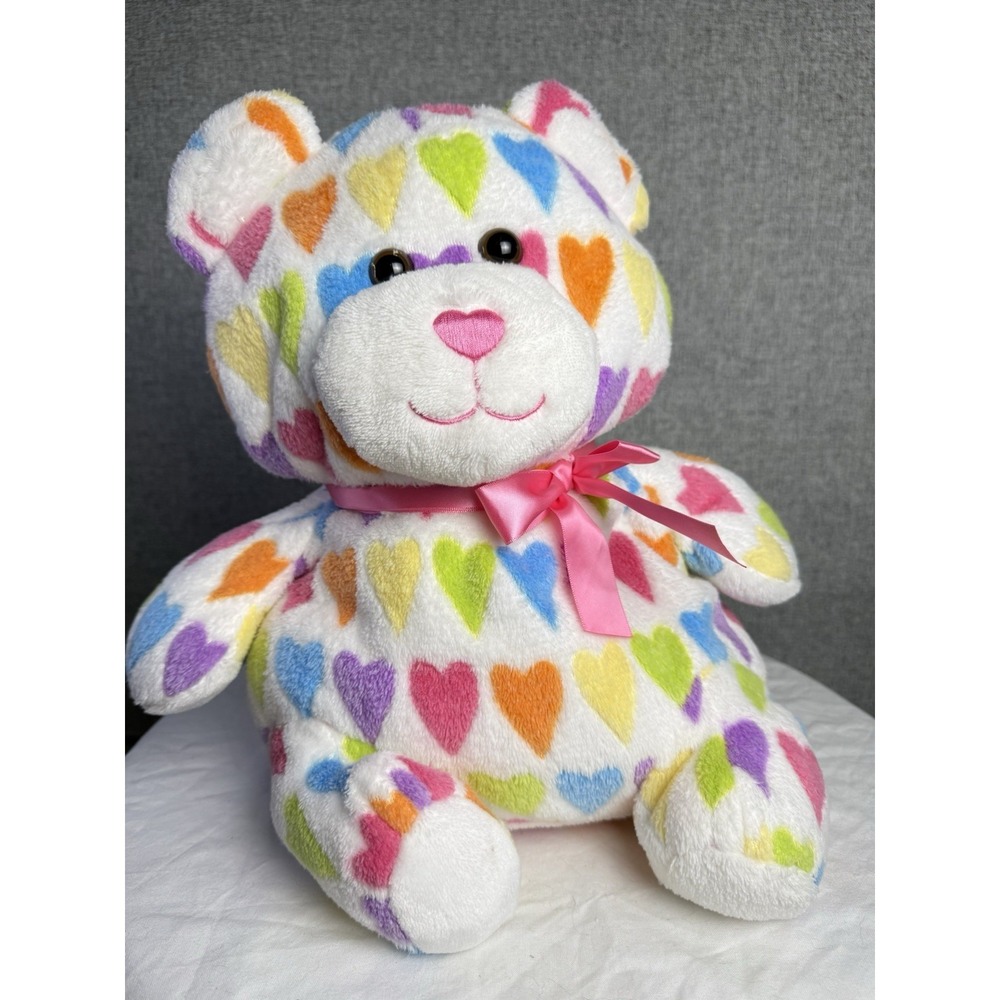 15"‎ Animal Adventure White Teddy Bear Neon Colorful Hearts Plush Stuffed Animal